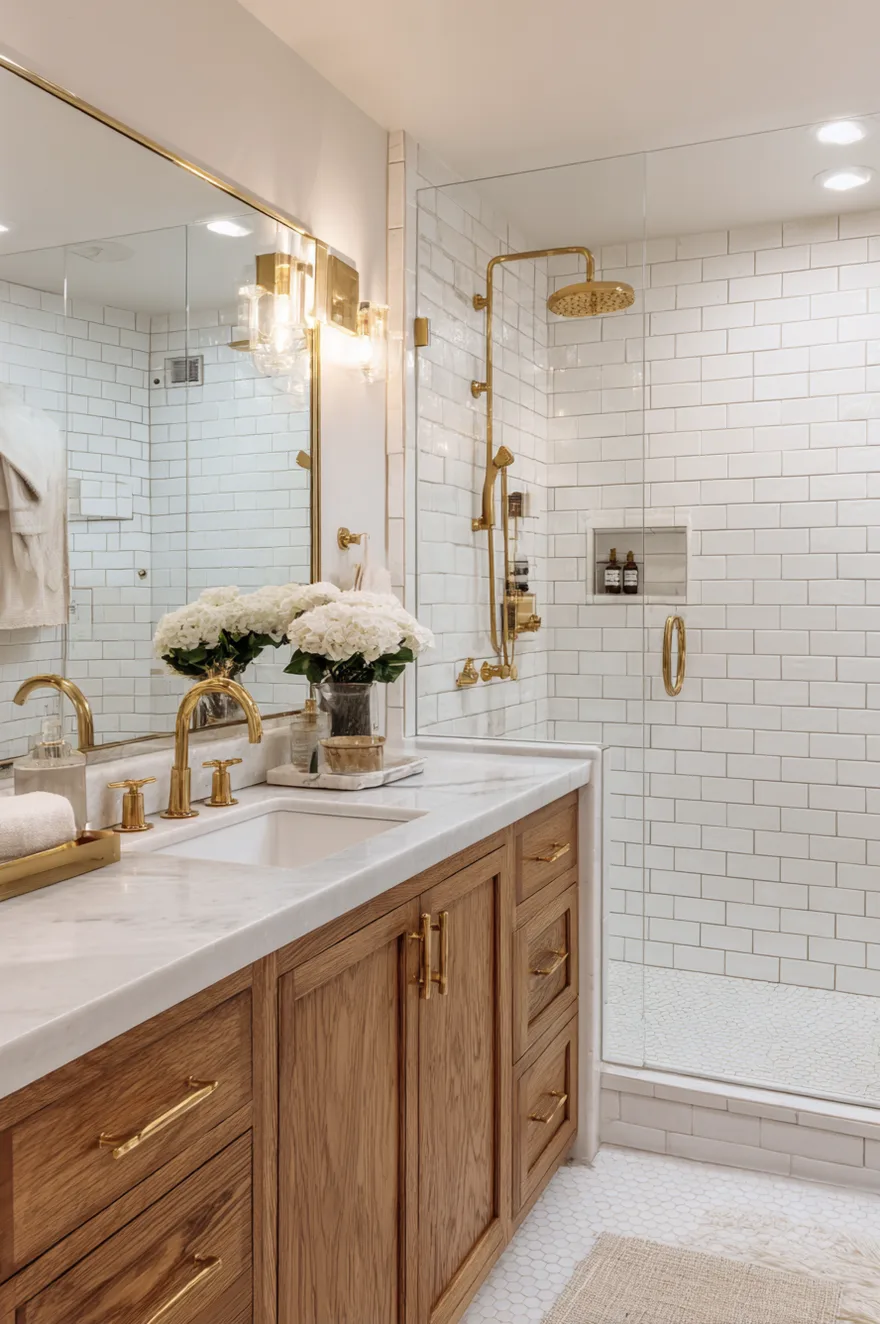 A luxurious bathroom featuring white subway tiles in the shower, elevated by brushed brass showerheads and control valves. A warm wood double vanity with a white marble countertop is fitted with matching brass faucets. A large gold framed mirror hangs above the sinks, reflecting the bright space.