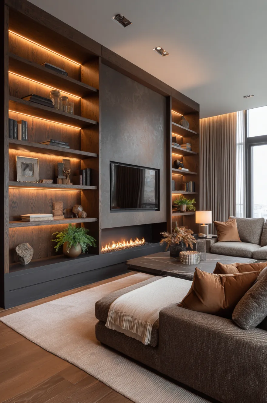 A functional living room featuring a large dark brown built-in media center with shelving housing a TV, books, and decor, next to a light grey sectional sofa.