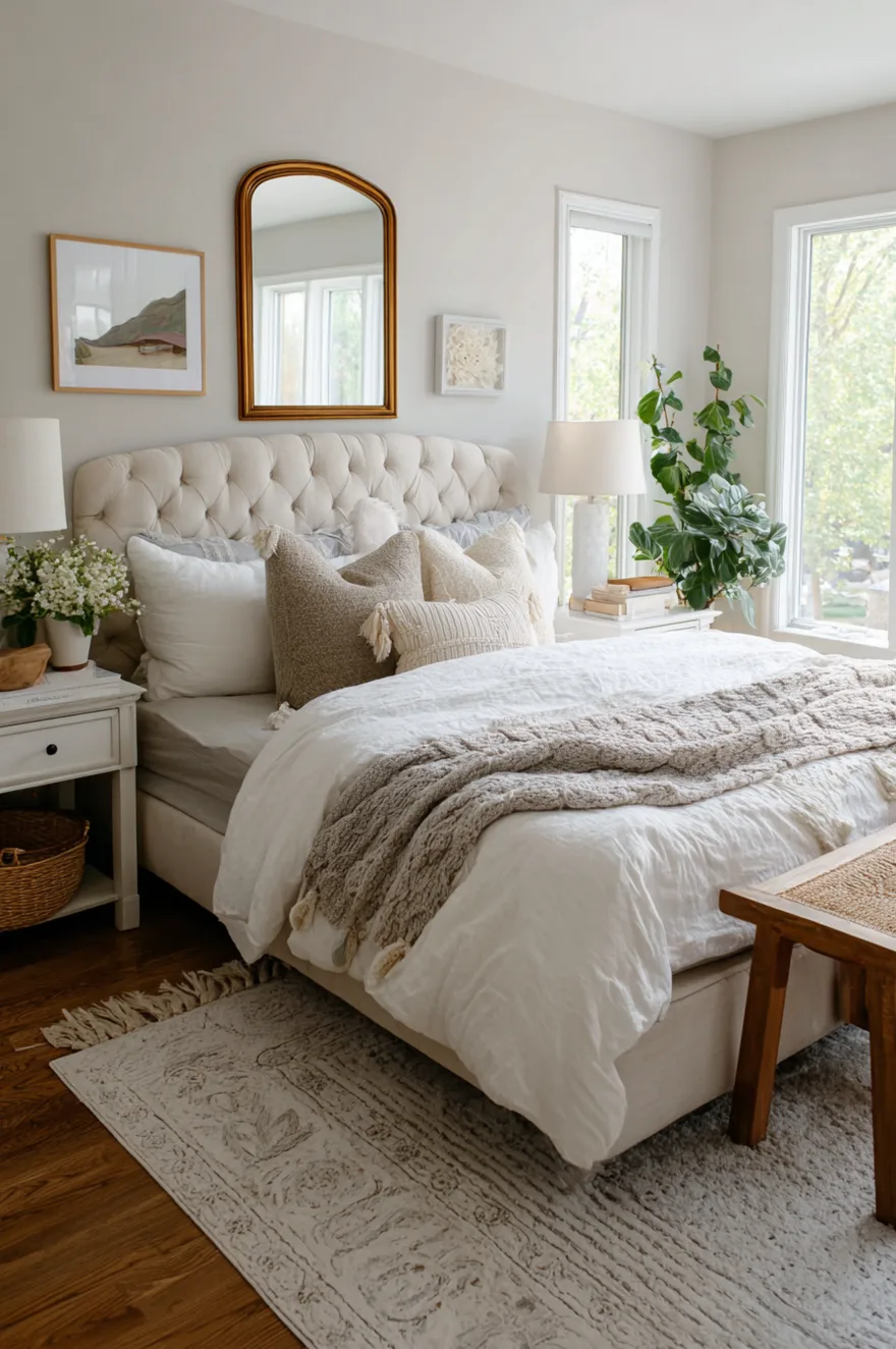Beautiful neutral bedroom featuring a tufted headboard, layered bedding, and a large gold mirror above the bed.