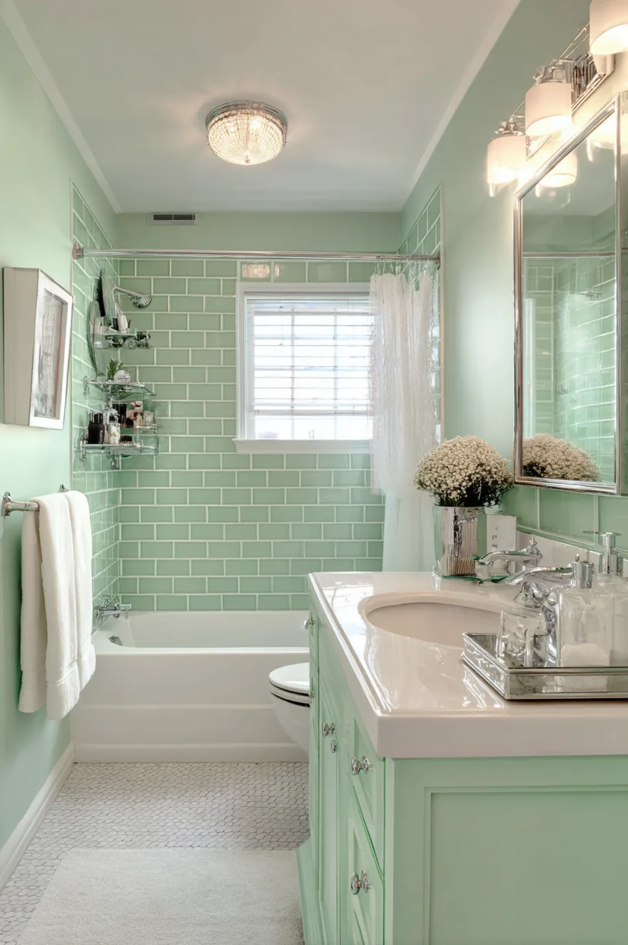 A small bathroom painted in pale mint green with matching mint green subway tile surrounding the bathtub. The space includes a mint green vanity with a white sink, a silver mirror, glass shelving, and a small window letting in natural light.