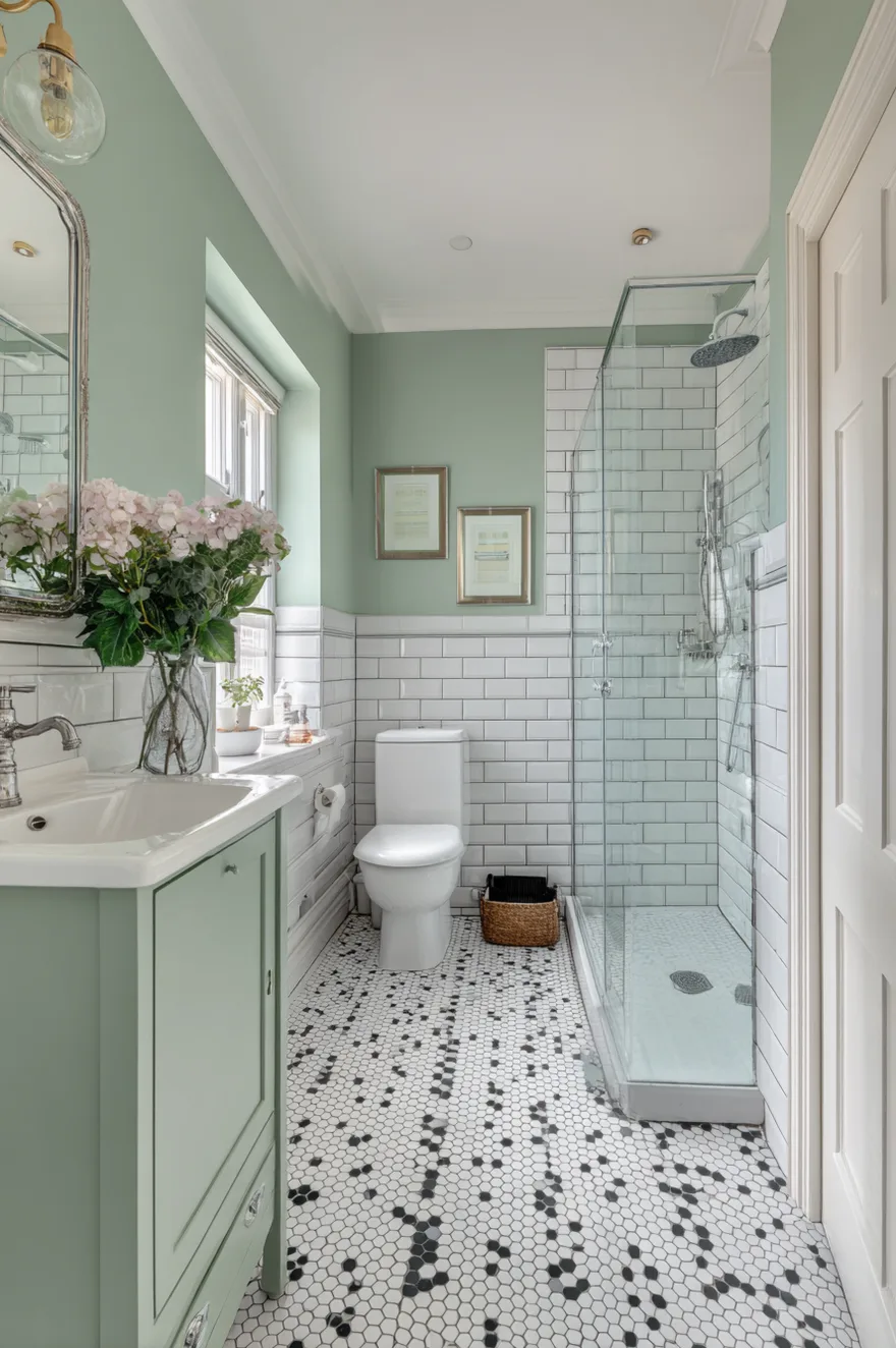 A bright bathroom featuring pale green walls above white subway tile wainscoting. A mint green vanity sits next to a glass enclosed shower, with a black and white patterned hexagon tile floor and framed botanical art on the wall.