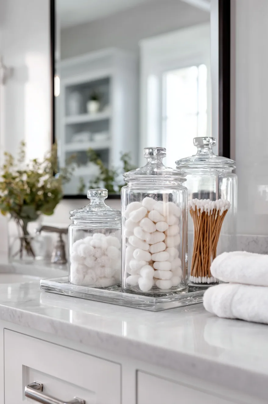A grey marble bathroom countertop displaying a round marble tray. The tray holds a dark amber pump bottle with a black label, and two clear glass canisters with grey marble lids. The canisters hold cotton rounds and cotton swabs. A white undermount sink is partially visible in the foreground with a mirror and grey backsplash in the background.