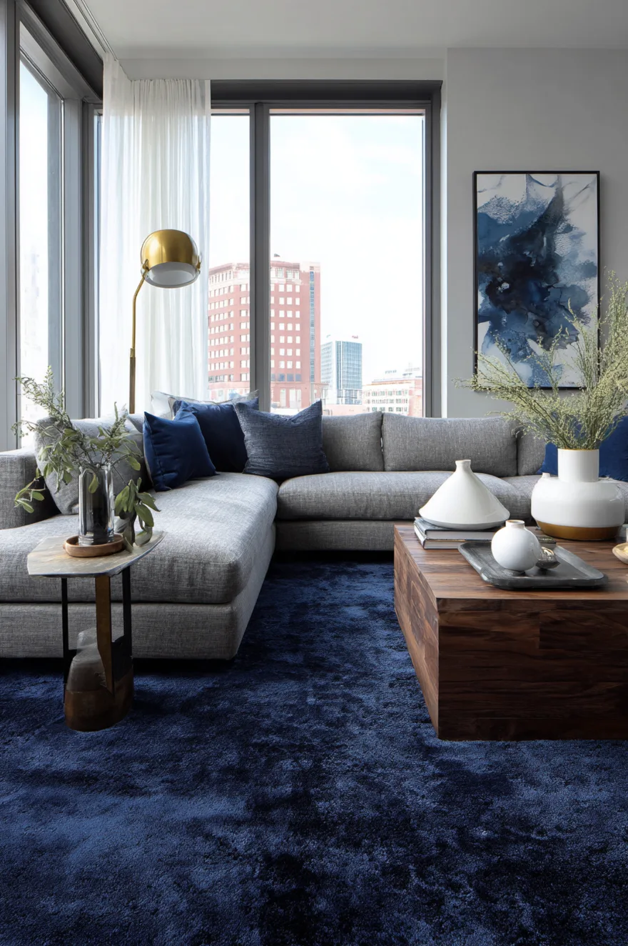 A modern living room highlighting a deep navy blue plush rug placed beneath a grey sectional sofa with matching blue pillows and a square wooden coffee table.
