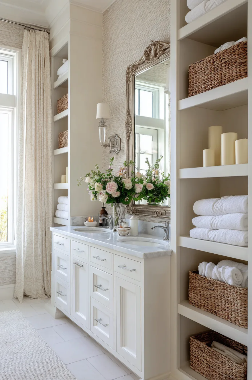 A bright, classic bathroom featuring a white double vanity with undermount sinks, silver hardware, and a white marble countertop. A large ornate silver mirror hangs above the sinks. The vanity is flanked symmetrically by two tall, built-in open shelving towers holding folded towels, baskets, and decorative candles.