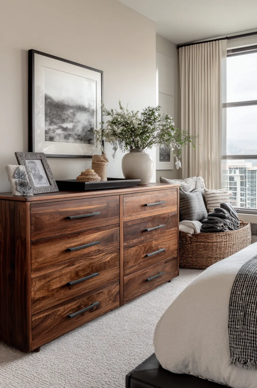 Large walnut wood dresser with sleek black horizontal pulls positioned against a light grey wall. The dresser top displays a black tray, a framed photo, and a large white vase holding green branches. A woven basket overflowing with folded grey blankets rests near a large window.