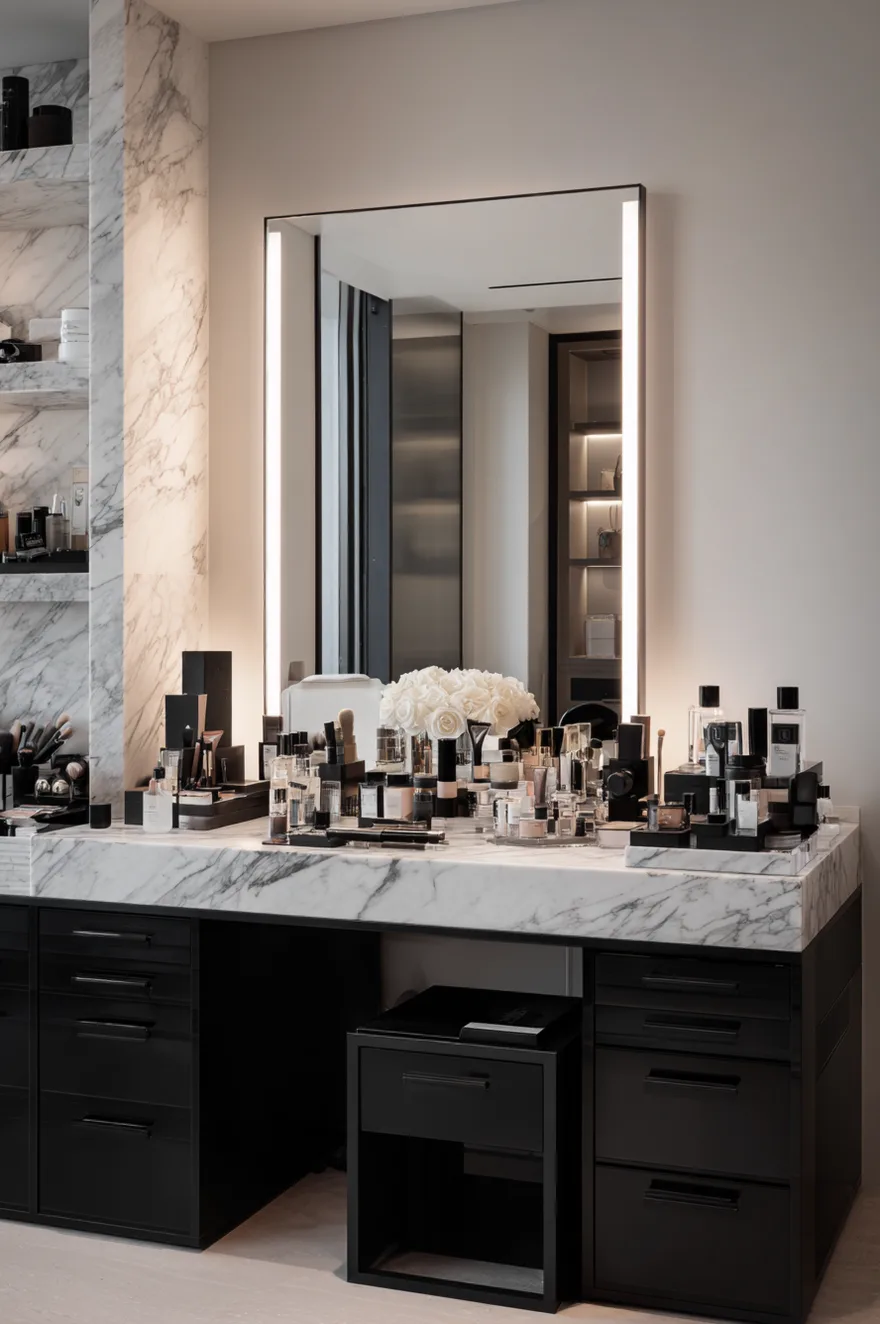 A striking minimalist makeup station featuring a floating black wooden vanity desk and a large black-framed round mirror. On the table sit a matte black vase with dark branches and cosmetic bottles. A dark textured stool sits on a light wooden floor, creating high contrast.