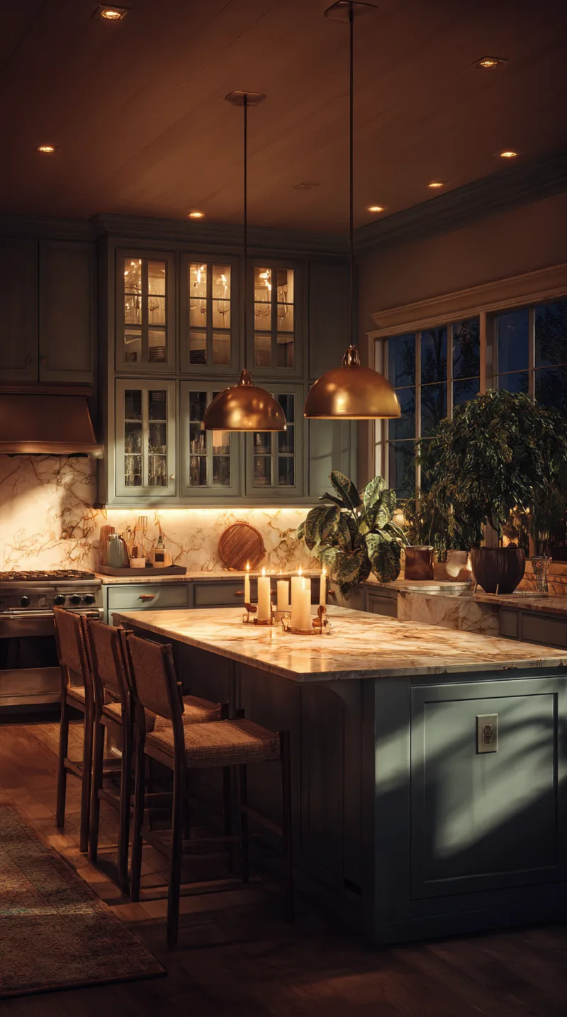 Atmospheric kitchen lighting design featuring under-cabinet lights, brass dome pendants, and recessed ceiling lights at night.