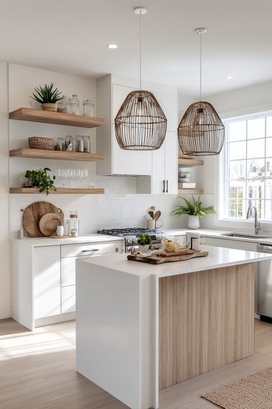 Airy open-weave wood kitchen pendant lights over island in a small compact kitchen layout to maintain sightlines.