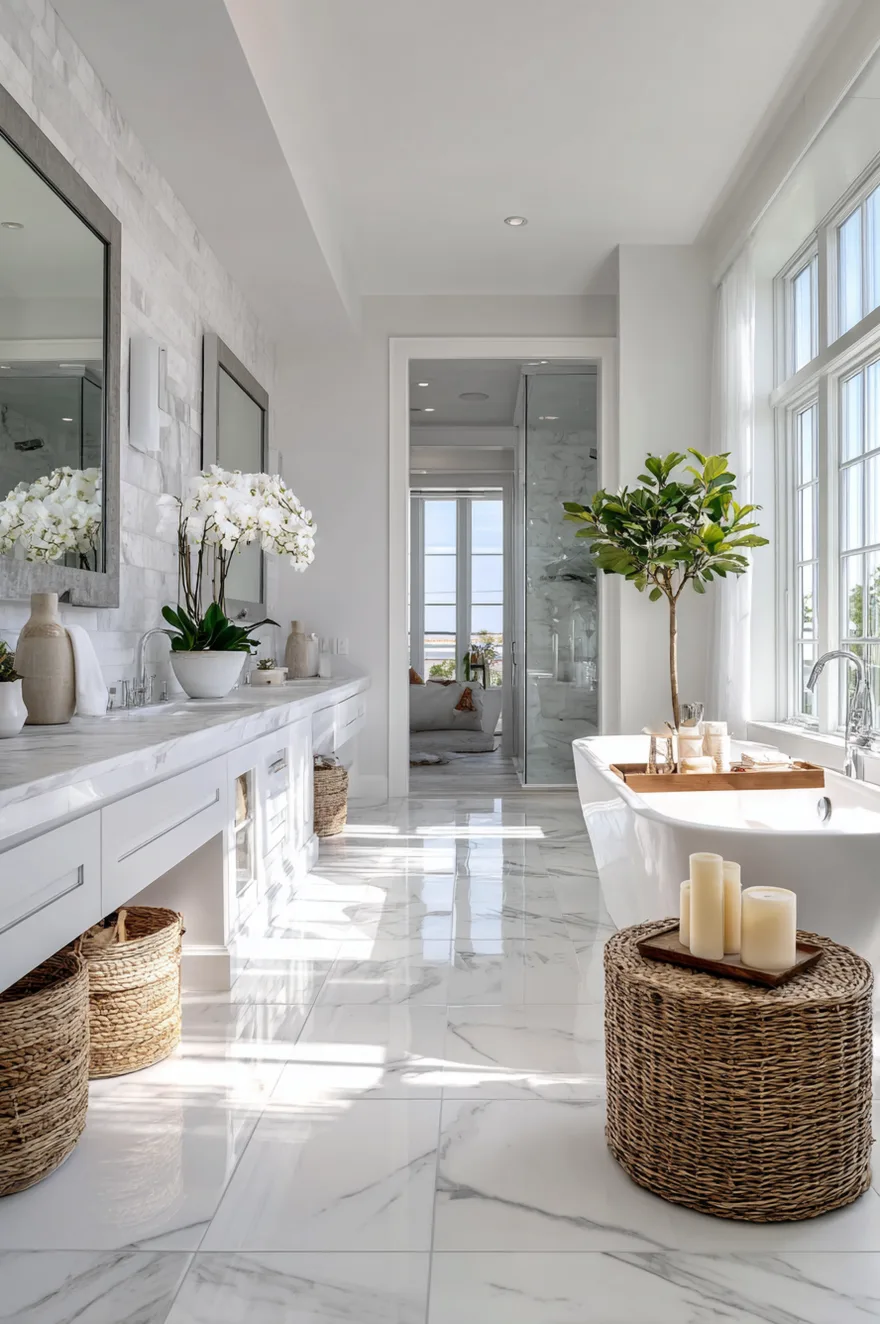 A spacious master bathroom showcasing large format beige stone floor tiles, a warm wood double vanity, a glass enclosed shower, and a white soaking tub.