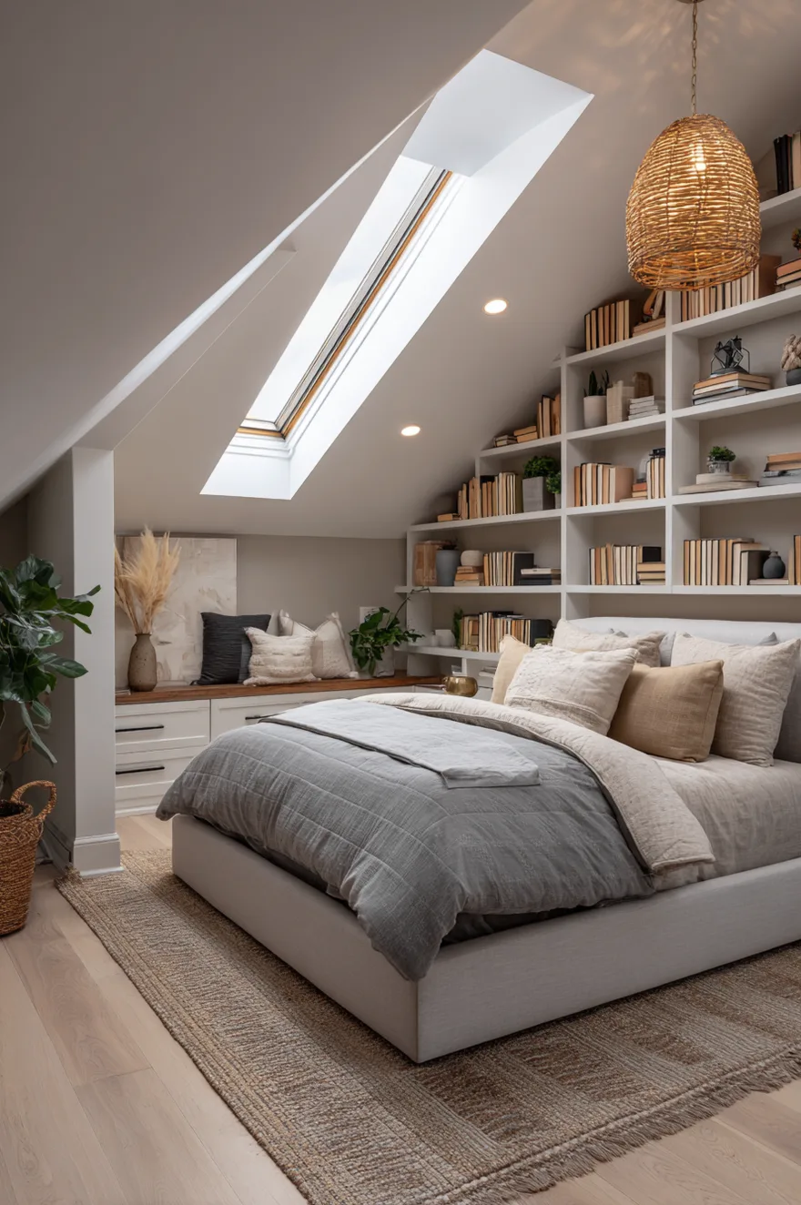 A close-up view of a corner in an attic space where custom built-in white shelving has been designed to perfectly follow the severe angle of the slanted ceiling. The shelves are filled with books, small decorative items, and woven storage baskets.