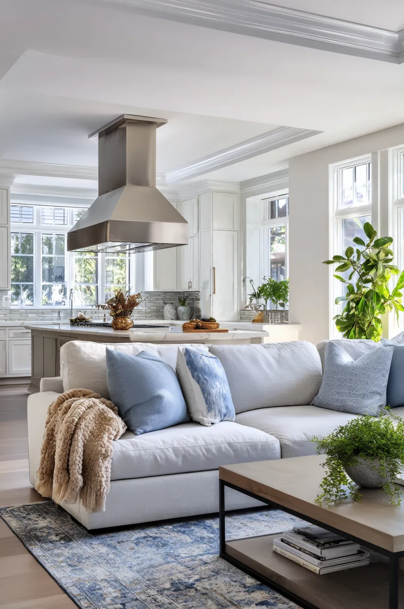 Large stainless steel box range hood suspended over a kitchen island in a bright open living room setting.