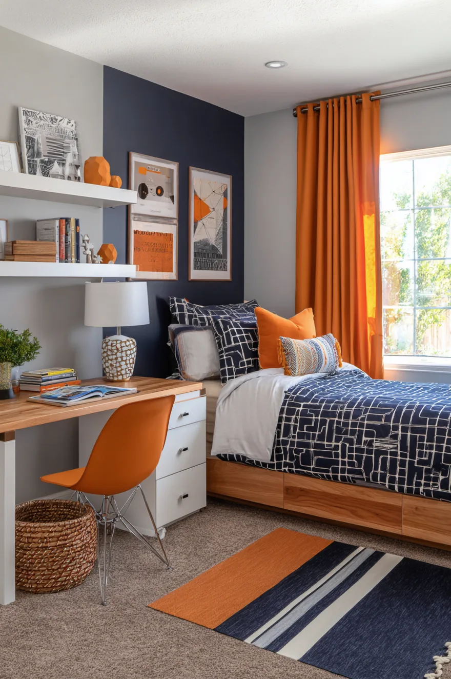 A bright boys bedroom featuring a grey bed styled with a bright orange throw blanket and pillows, along with a matching orange desk chair.
