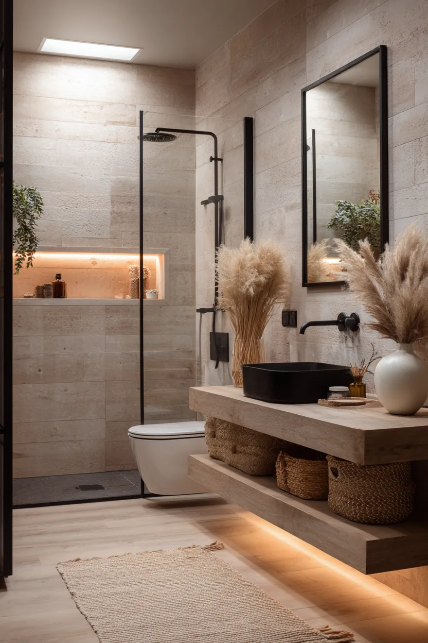 A modern bathroom with a white freestanding bathtub positioned near a large window. A light wood floating vanity with a dark concrete vessel sink and matte black wall-mounted faucet sits against a textured dark stone wall. Below the vanity, woven baskets hold towels above a polished concrete floor.