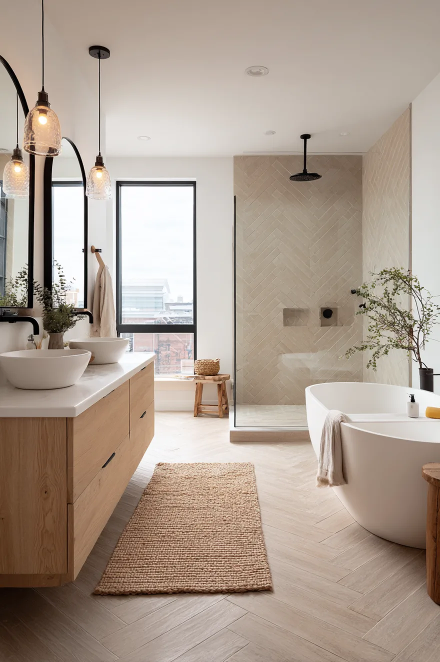 A bright minimalist bathroom with light wood floors, a light oak double vanity, arched black mirrors, a freestanding white tub, and a glass-enclosed walk-in shower with beige herringbone tile.