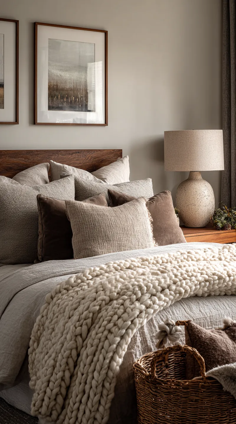 Close up of a bed styled with a chunky knit blanket, linen pillows, and a velvet cushion.