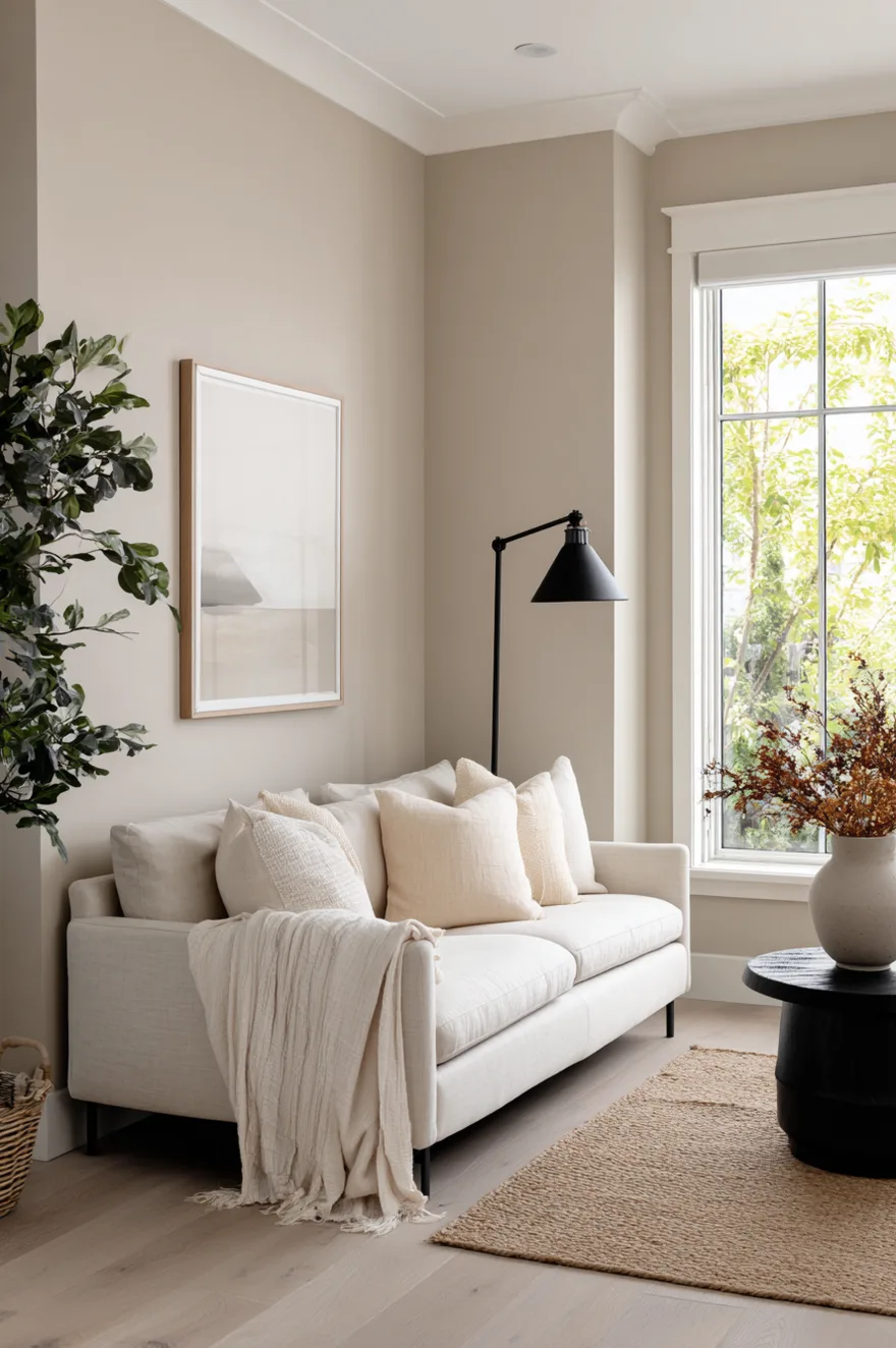 A bright living room with walls painted in a soft, warm greige tone. A crisp white sofa sits on a textured natural jute rug over light wood floors, styled with cream and beige textured throw pillows and a draped blanket. A minimal black metal floor lamp stands behind the sofa, and a solid black round coffee table sits in the foreground holding a vase of dried brown botanicals.