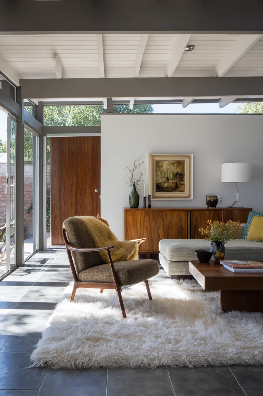 A mid-century living room featuring a brown wood-framed lounge chair and a low grey daybed arranged on a fluffy white rug. A wooden credenza stands against the white wall beneath an abstract painting and a white table lamp.