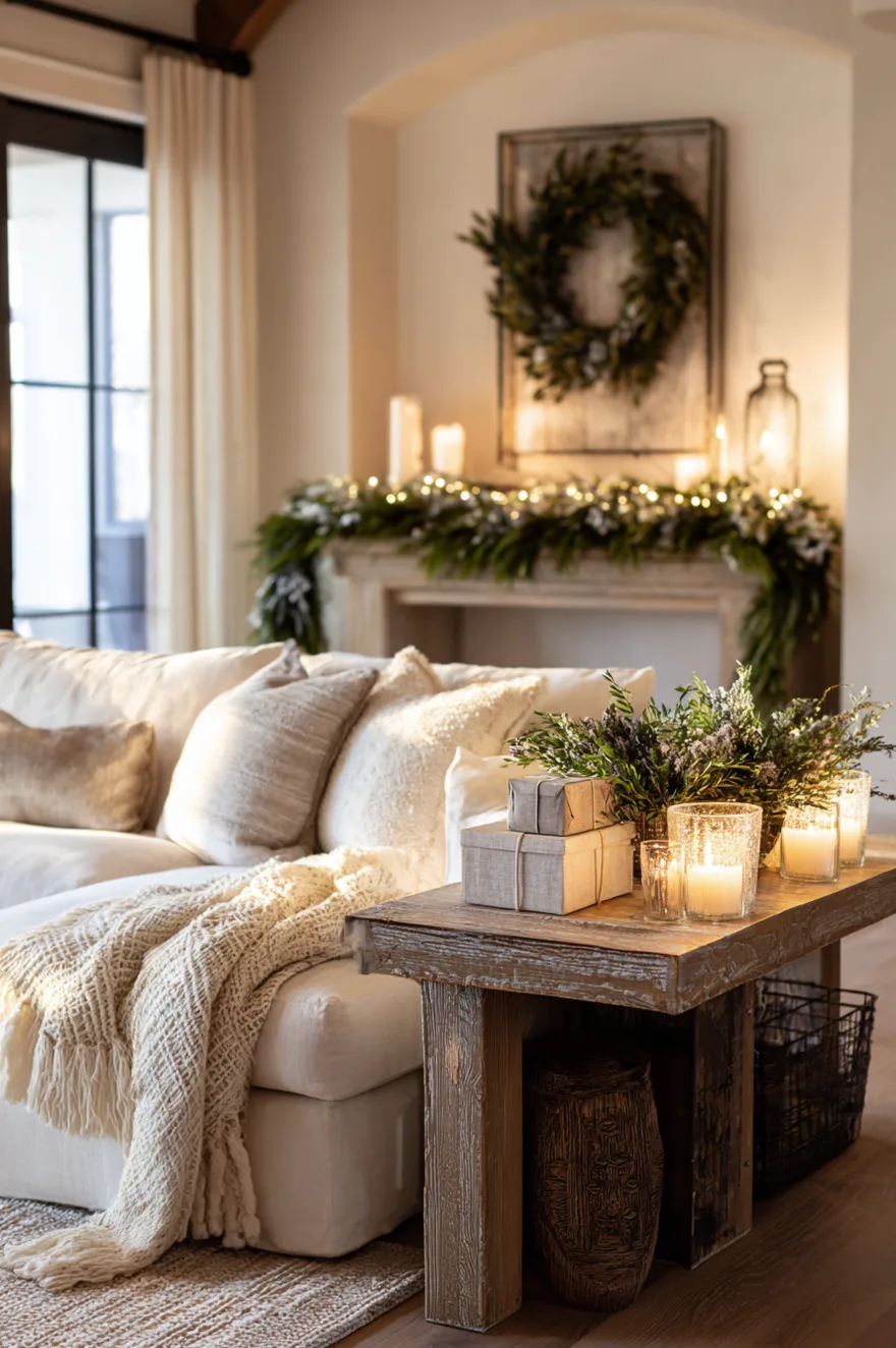 Stone-topped console dressed for Christmas with a eucalyptus and white berry garland, mercury glass votives, linen-wrapped gift boxes as styling props, and a subtle wall wreath in warm candlelight.