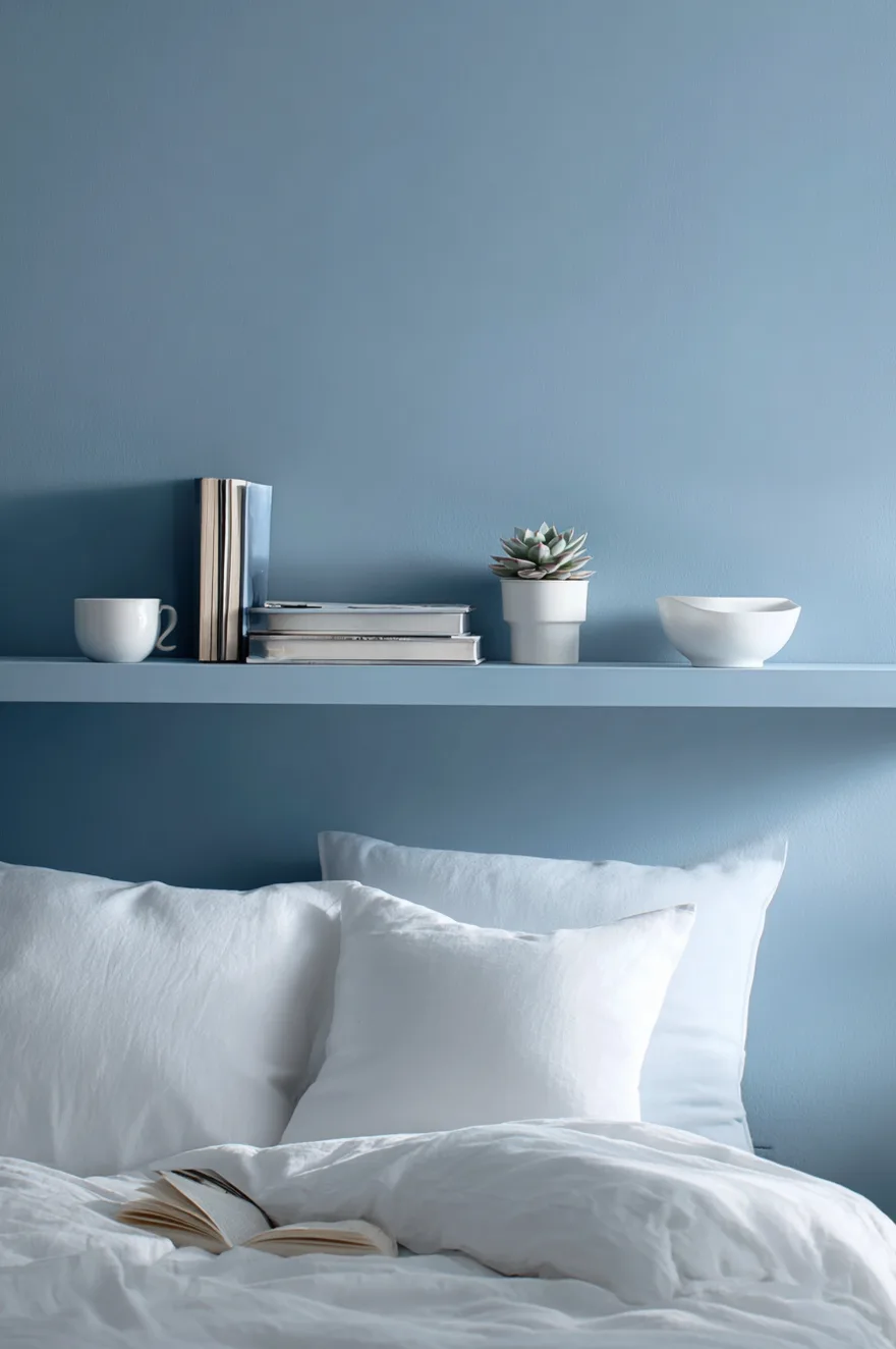 Two slim floating shelves painted the same dusty blue as the bedroom wall holding a white ceramic bowl, a small succulent, and a dog-eared paperback that appears to float.
