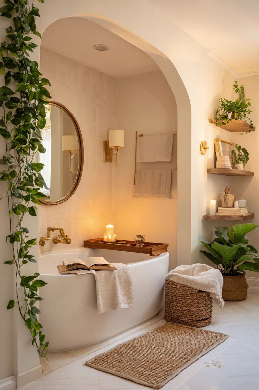 Warm white bathroom with linen-shade wall sconces flanking a round mirror, a teak bath caddy across an alcove tub, and a woven bath mat in 2700K evening lamplight.