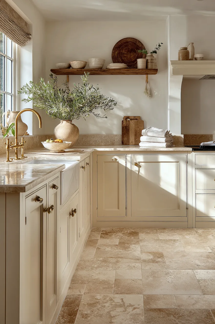 Honed travertine natural stone kitchen floor beside a travertine-look porcelain section for comparison, with cream shaker cabinets and a brushed brass tap in cool morning light.