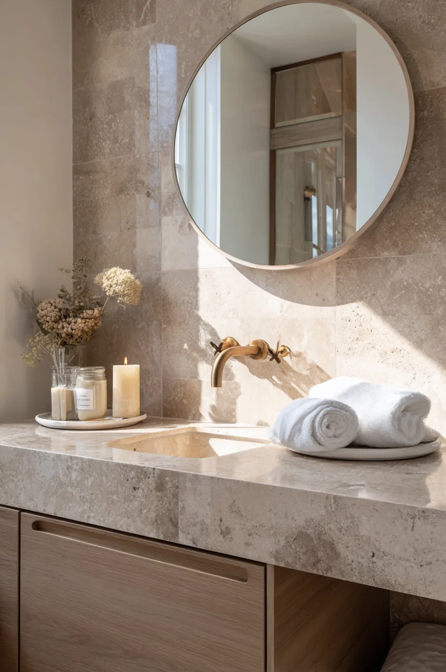 Honed Jura limestone vanity top and brushed travertine tile floor viewed together with a white oak vanity below, unlacquered brass faucet, and two white rolled towels in bright diffused daylight.
