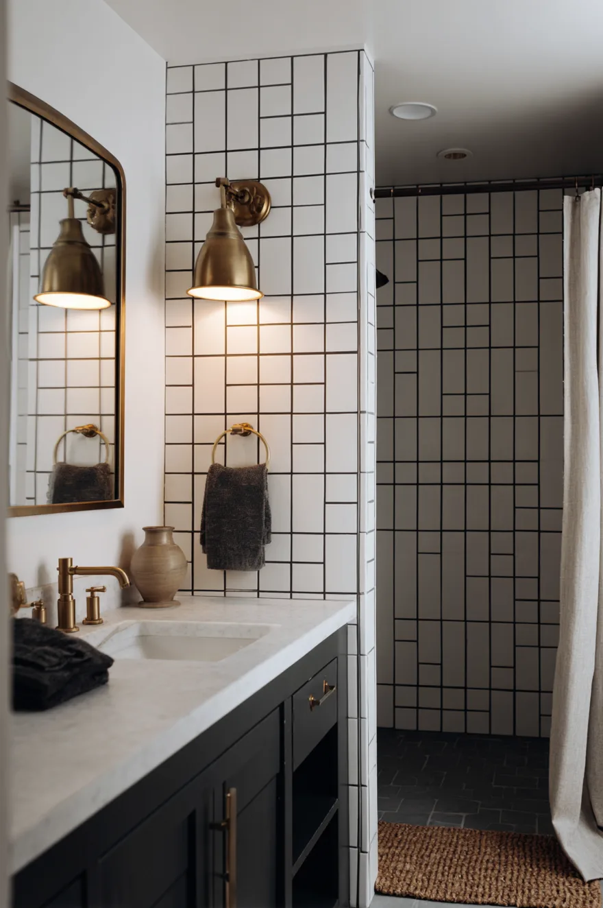 White four-by-four tile walk in shower with charcoal unsanded grout creating a graphic grid pattern, brushed brass sconce, and warm vanity lamplight.