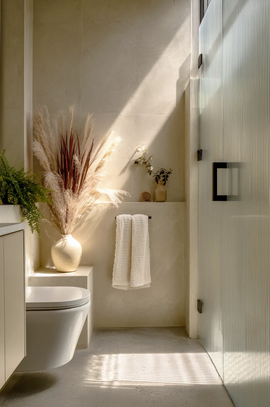 Fixed frameless fluted glass shower partition in a narrow bathroom with a poured concrete floor, a wall-mount toilet, and soft daylight refracting through the reeded glass surface.