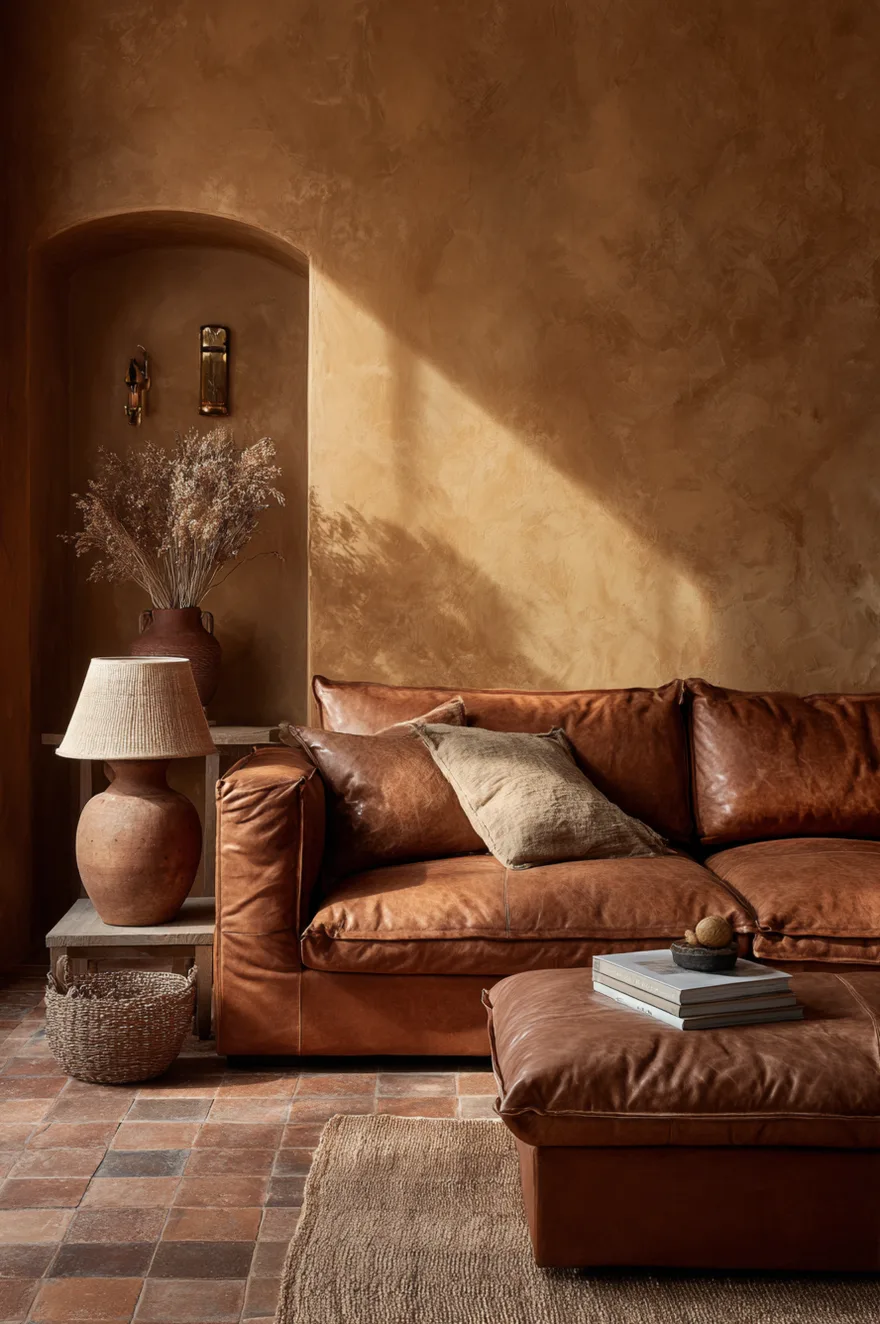 Deep ochre limewash walls with a terracotta tile floor, cognac leather sofa, raw linen ottoman, hand-thrown ceramic lamp, and dried botanicals in an earthy modern living room.
