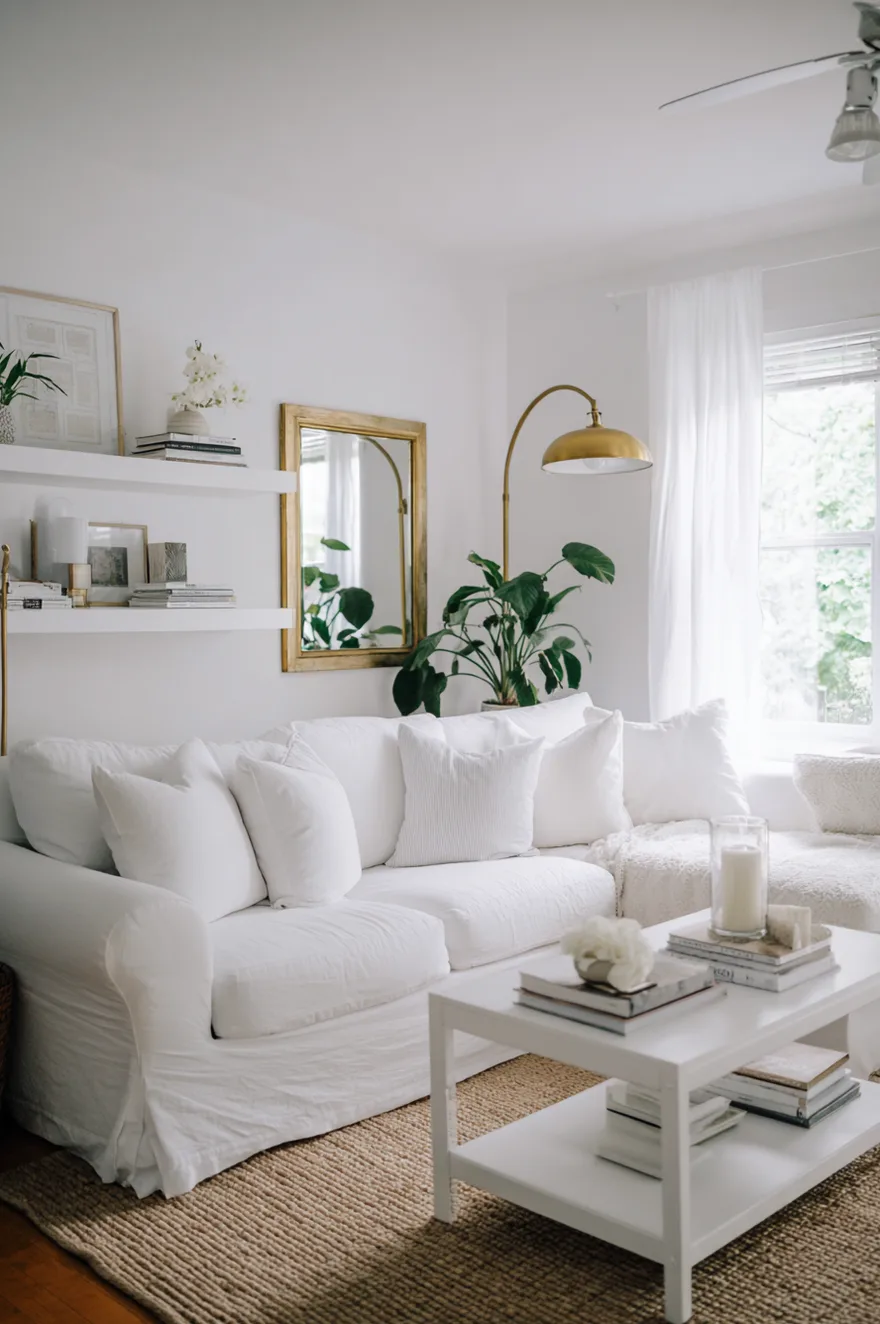 Budget-friendly white living room with a slipcovered sofa, simple coffee table, and gold floor lamp near a bright window.