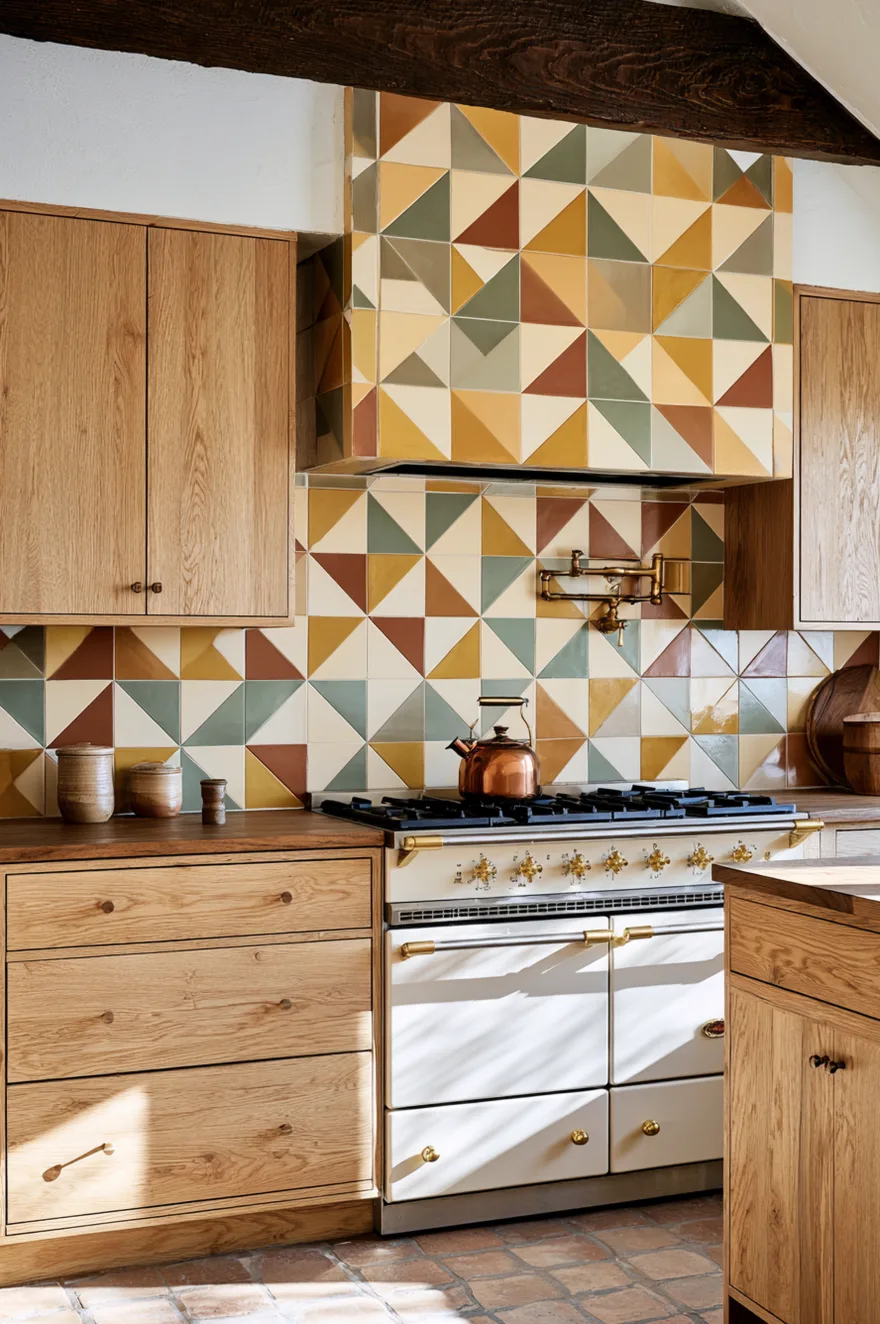 Multi-colored triangle geometric tile backsplash and matching tiled range hood in ochre yellow, terracotta, sage green, and white, natural wood cabinets, white stove with brass dials.