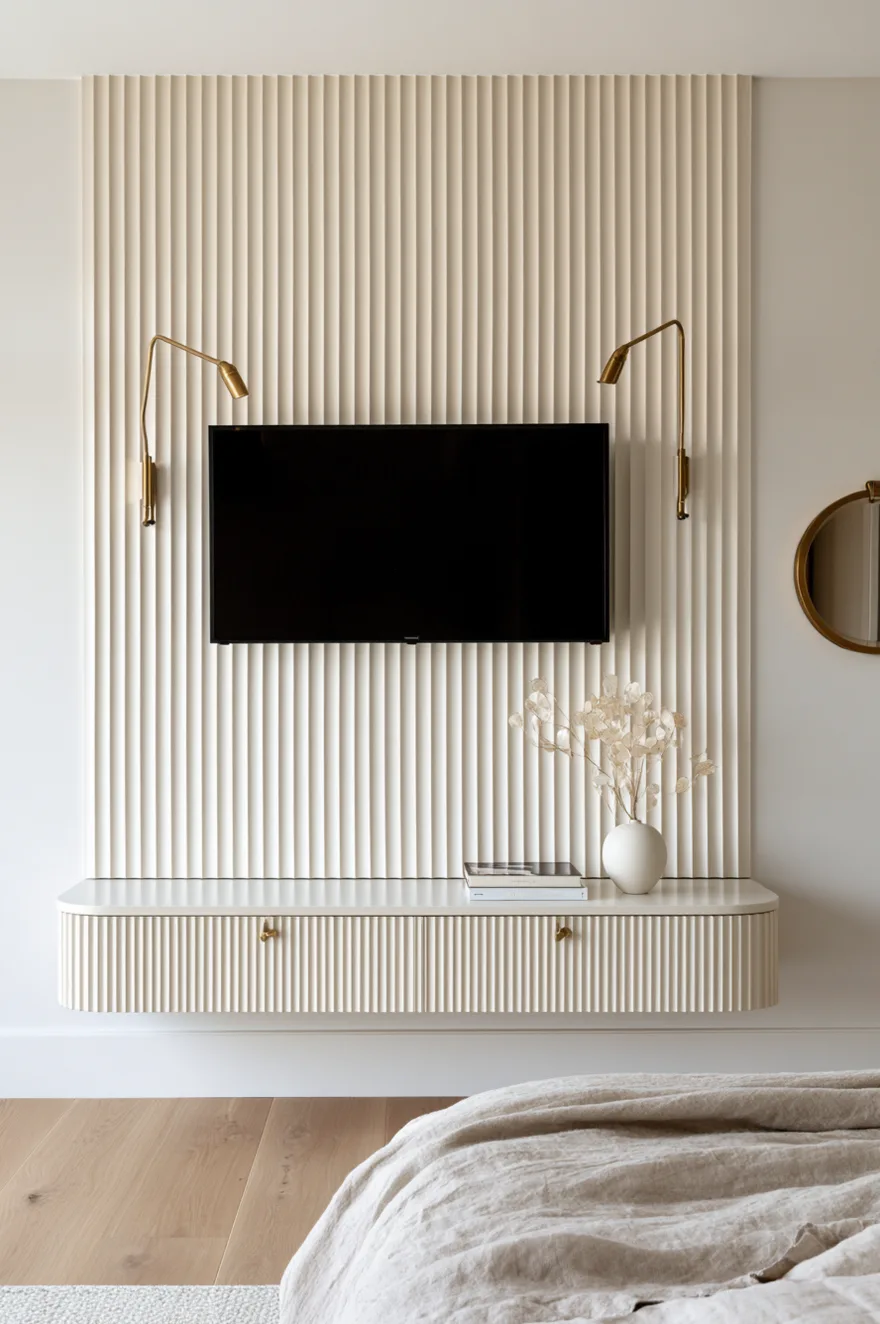 Elegant bedroom accent wall featuring a vertical white fluted plaster panel mounted to a smooth white drywall surface. A flat screen television is centered on the fluting, flanked symmetrically by two slender gold swing-arm brass reading sconces. Below floats a white media console with matching fluted door fronts and tiny round brass knob pulls, styled simply with stacked design books and a round white vase holding delicate dried white lunaria stems. The edge of a beige linen bed duvet is visible in the foreground.