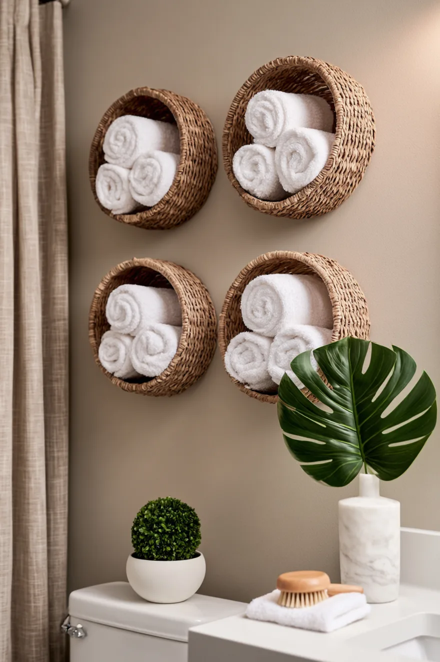 Four round woven wicker baskets mounted in a 2x2 grid on a beige wall, each holding three rolled white towels above a toilet tank with a small green boxwood topiary.