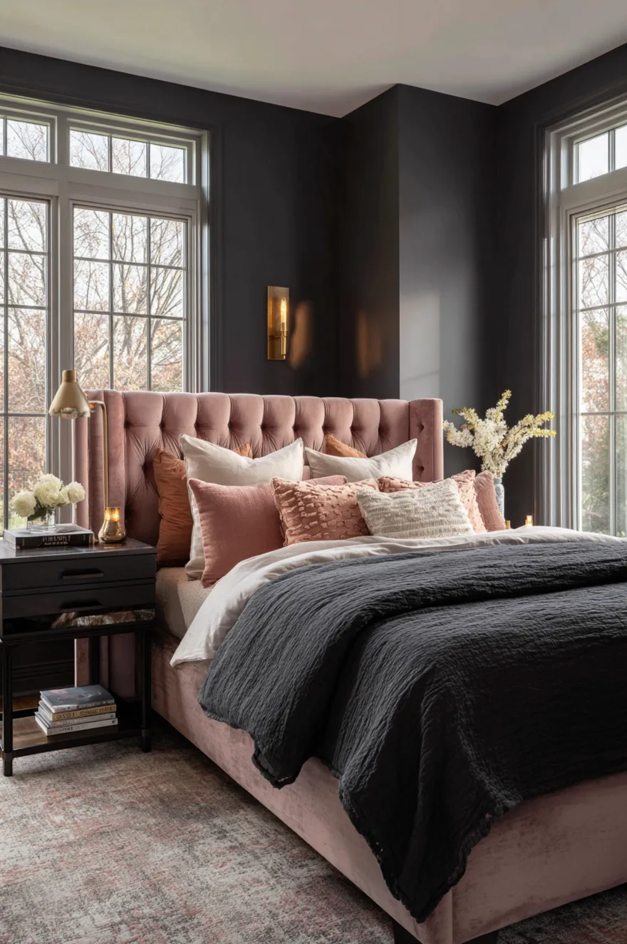 Dark blue bedroom with a tall, tufted blush pink upholstered headboard, velvet mauve bedding, and glowing warm pendant lights.