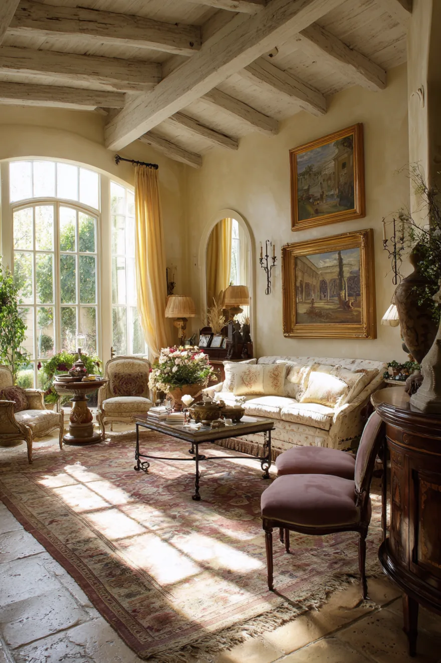 A bright and airy French country living room featuring a warm palette of yellows, golds, and soft terracottas. The space is filled with a floral sofa, traditional armchairs, and a large arched window with yellow curtains. Multiple landscape paintings in ornate gold frames are displayed on the wall beneath a rustic beamed ceiling.