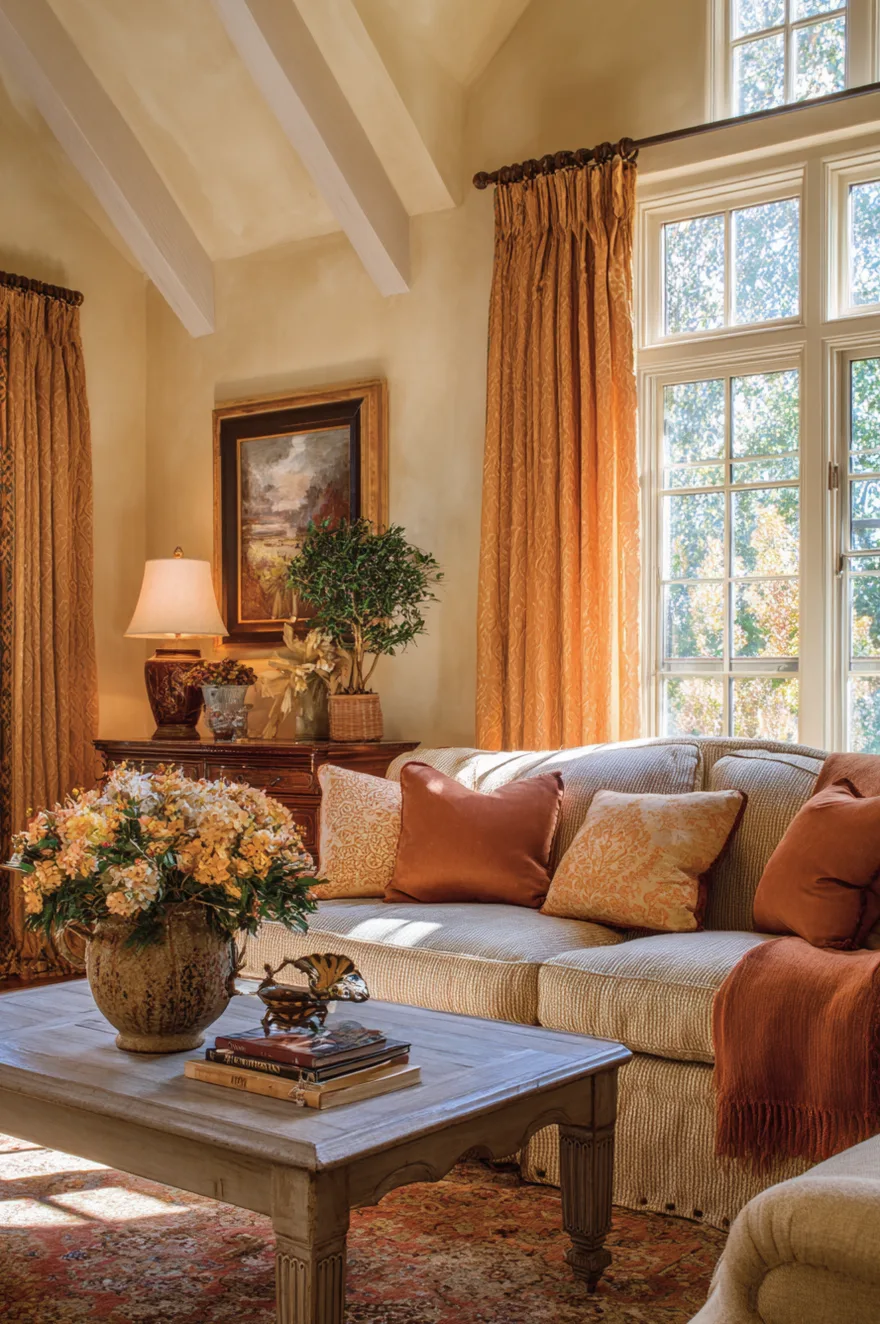 A cozy living room seating area with a cream-colored sofa decorated with orange and patterned cushions. A large stone vase filled with yellow and orange flowers sits on a rustic wood coffee table. In the background, a dark wood dresser holds a lamp and a small potted olive tree, framed by tall orange-yellow drapes and a sun-drenched window.