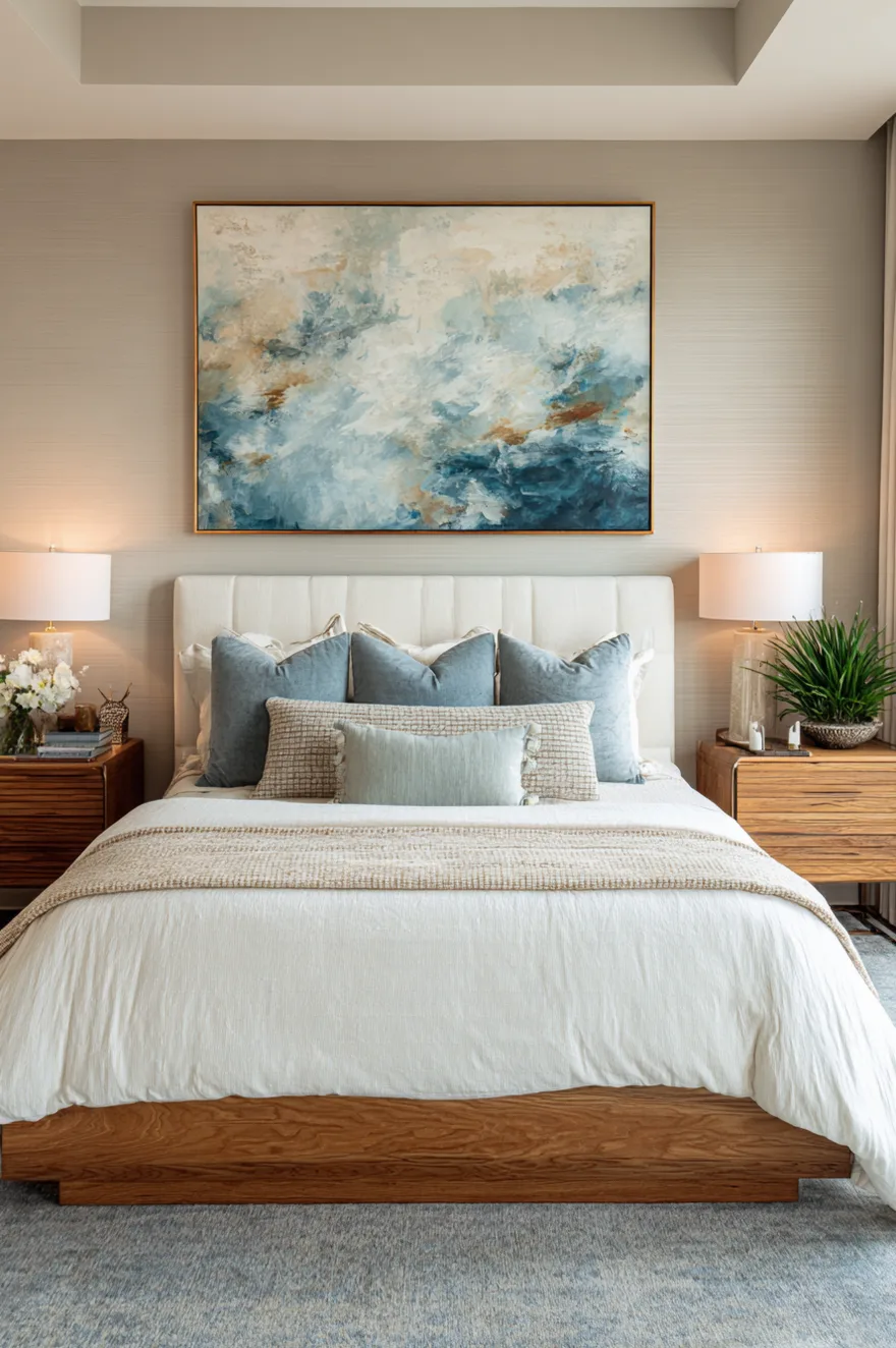 Oversized abstract painting in blue, cream, and gold tones hanging above a white channel-tufted headboard. A warm wood bed frame is layered with crisp white sheets, light blue accent pillows, and a textured beige lumbar pillow. Matching wood nightstands hold white glass-base table lamps.