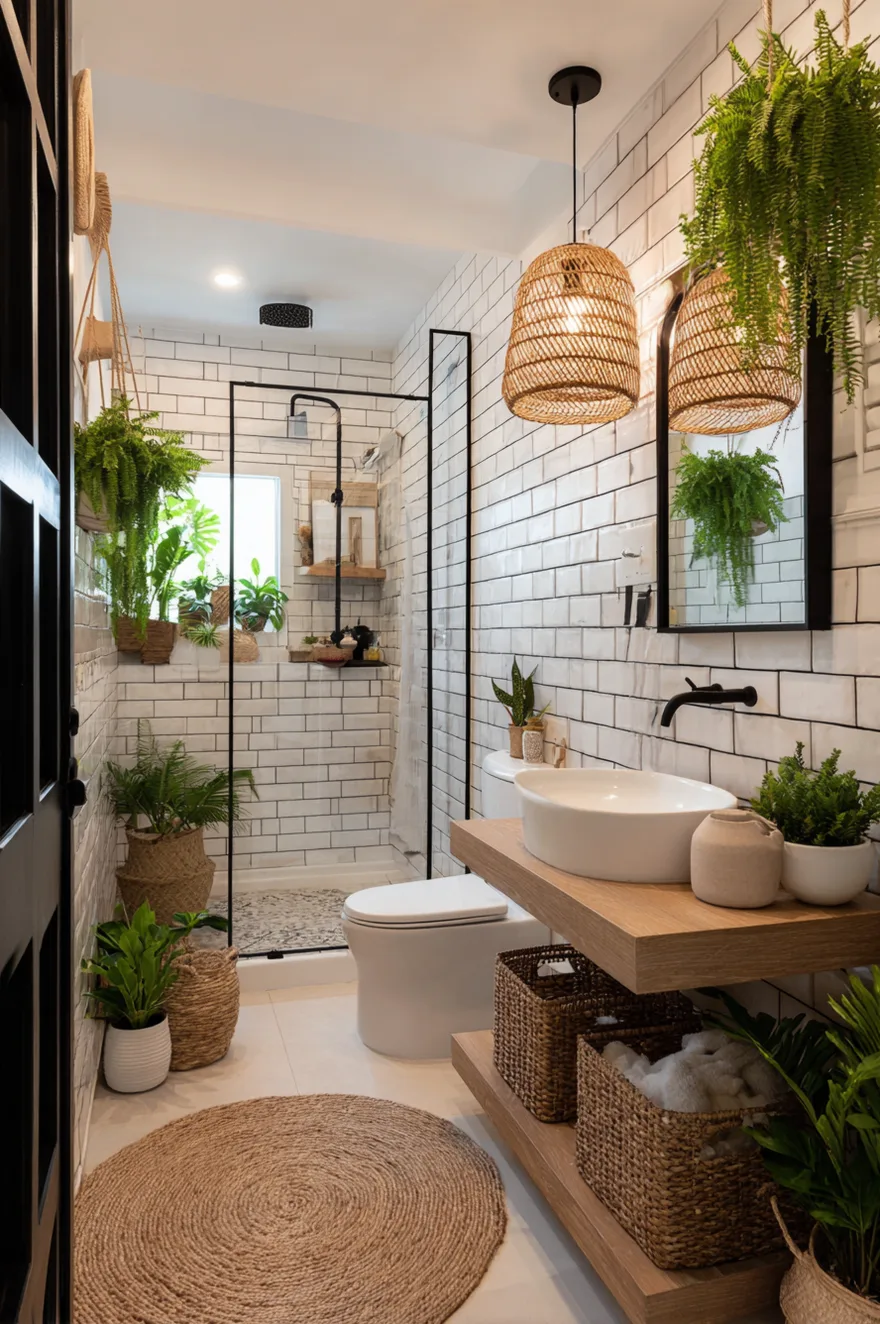 A cozy bathroom completely tiled in white vertically stacked subway tile with dark grout. A light wood floating shelf vanity holds a white basin sink with matte black hardware. Below the shelf, woven baskets and stacked towels provide open storage. Multiple green potted plants are arranged on shelves and in hanging planters near the window.