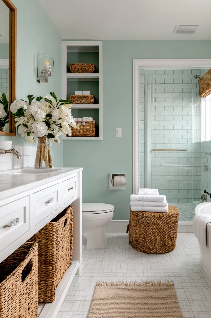 A guest bathroom with seafoam green walls and a matching seafoam subway tile shower enclosure. The space features a white vanity, woven storage baskets, built in white shelving, and a clear vase holding fresh white hydrangeas.