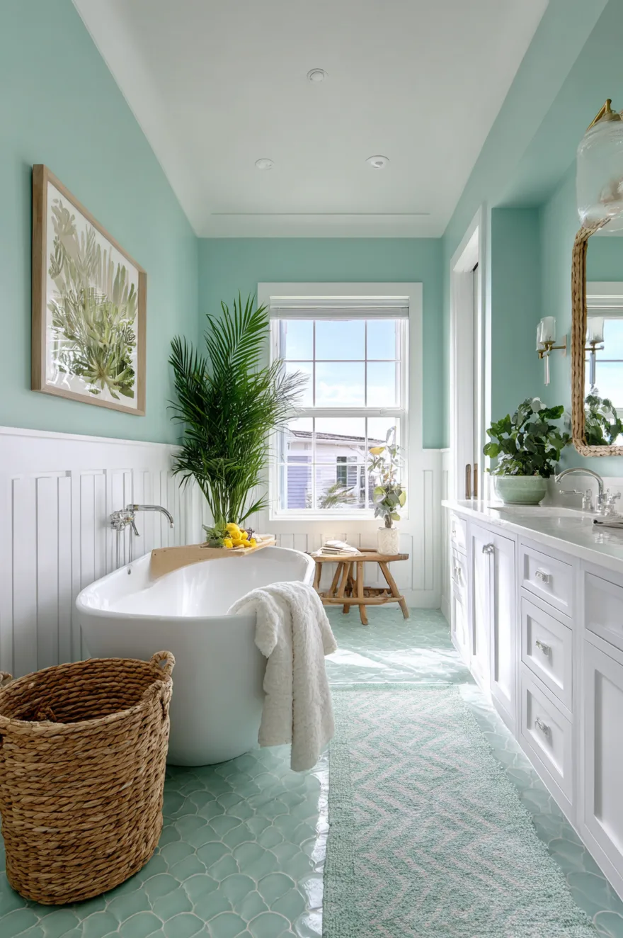A bright coastal bathroom showcasing aqua blue upper walls and white wainscoting. A white freestanding soaking tub sits on aqua scalloped floor tiles next to a large window, a potted palm plant, and a white double vanity.