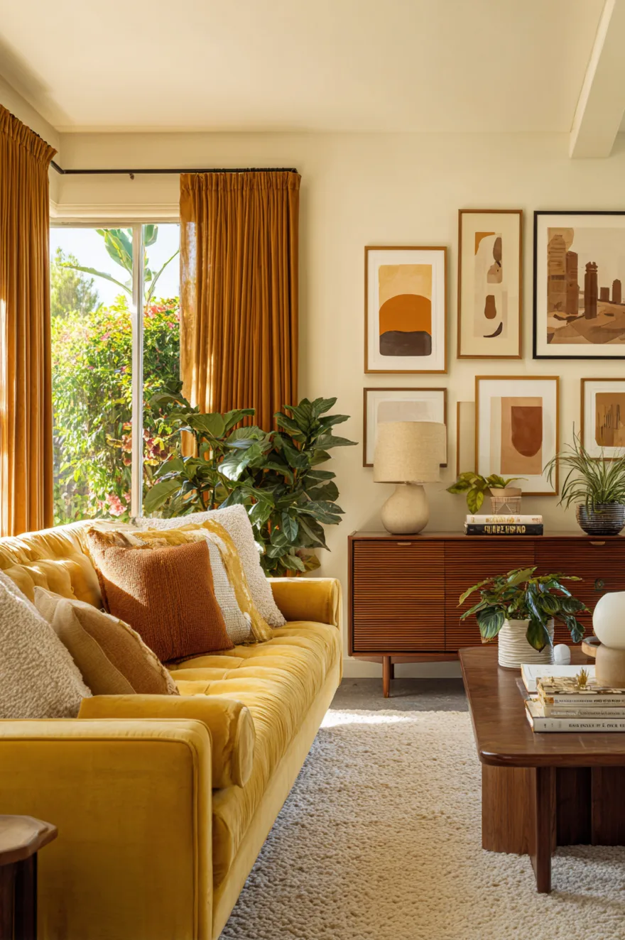 A vibrant living room centered around a mustard yellow tufted velvet sofa. The room features a wooden credenza, matching yellow curtains, several green indoor plants, and a gallery wall with abstract art in warm tones.