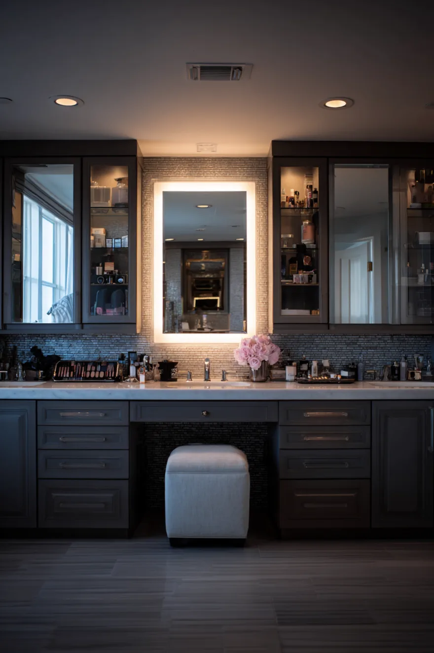 A view across a large bathroom counter with light stone tops and wooden cabinetry. The far end shows a Single sink with a mirror. In the center, the counter drops to a lower height for a dedicated makeup zone with a wooden stool, while a second mirror is visible to the left. The counter holds skincare, towels, and fresh flowers.