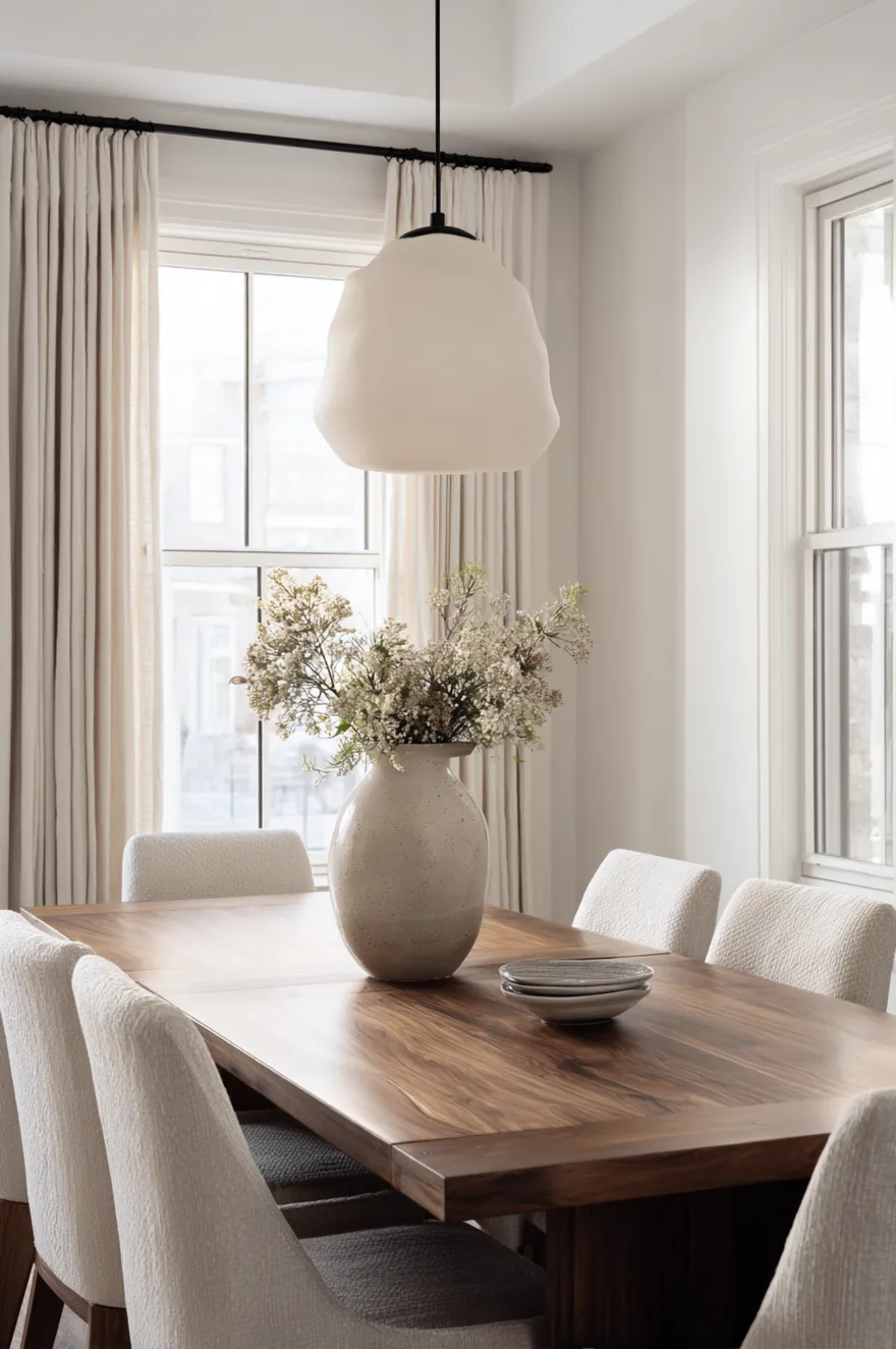 Modern wood dining table shown with extension leaf added to accommodate a large dinner party.