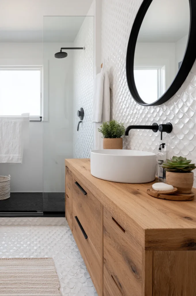 A close view of a bathroom shower floor made of smooth, natural river rock pebble tiles in grey and tan tones, with a wooden stool resting on top.
