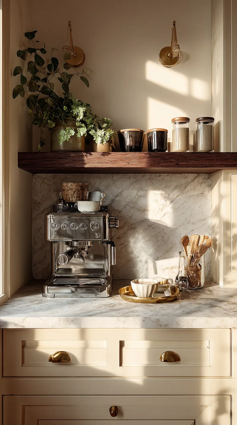 Dedicated kitchen coffee bar with espresso machine, open wood shelving, and brass wall sconces.