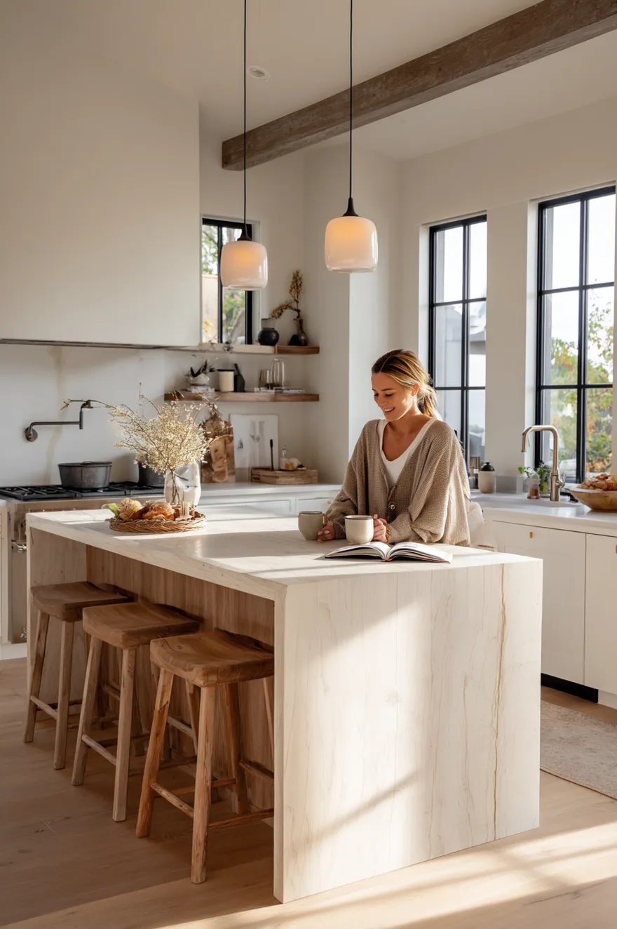 A woman sits comfortably at a large, monolithic kitchen island with a smooth, light-toned finish, smiling as she reads a book with two mugs nearby. The island features a deep overhang accommodating three rustic, solid wood barstools. The bright kitchen has white cabinetry, black-framed windows, two frosted glass pendant lights, and rustic wood beams across the ceiling.