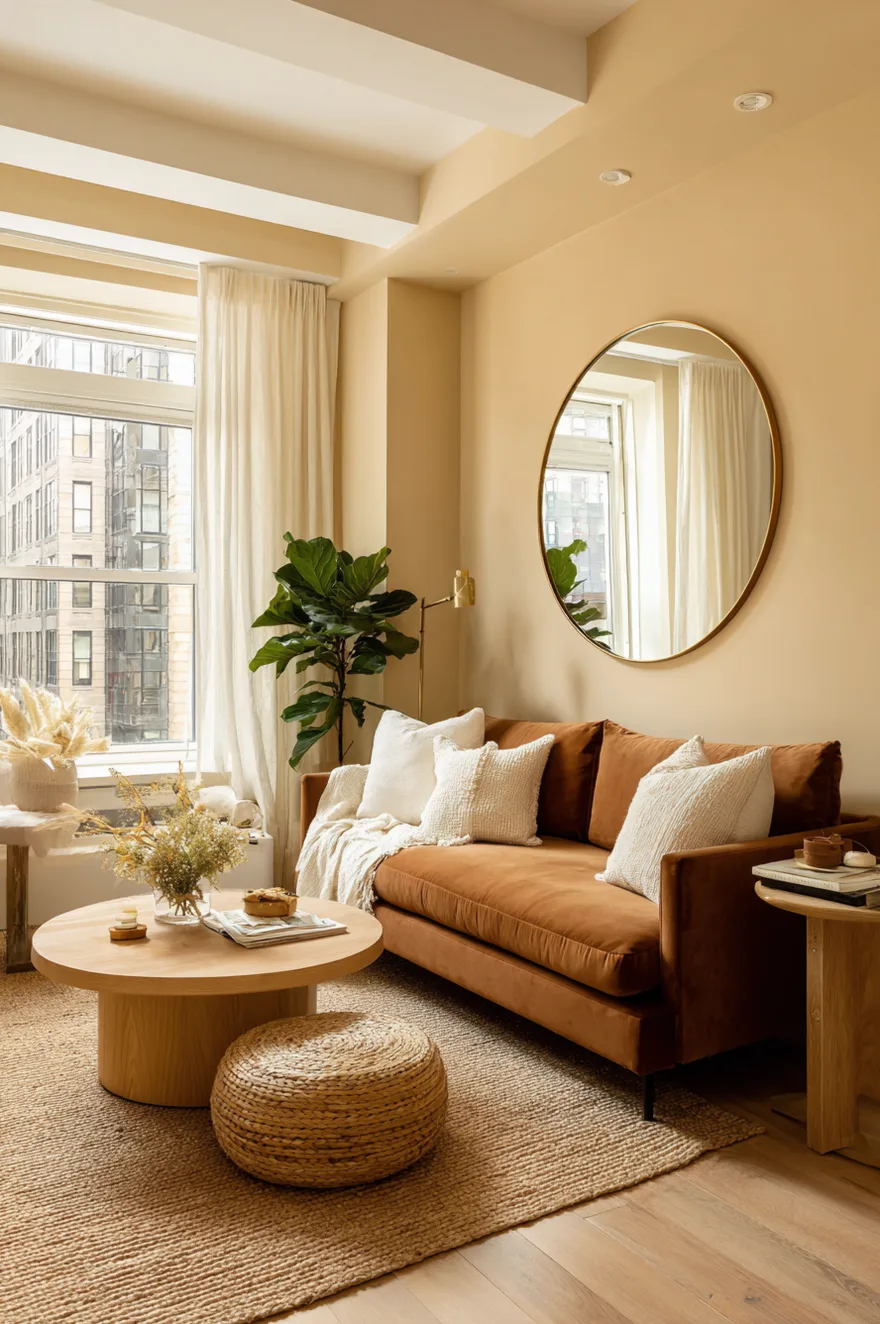 A small, bright living room with light brown walls, a white sofa, a round wood coffee table, woven storage baskets, and natural light from a window.