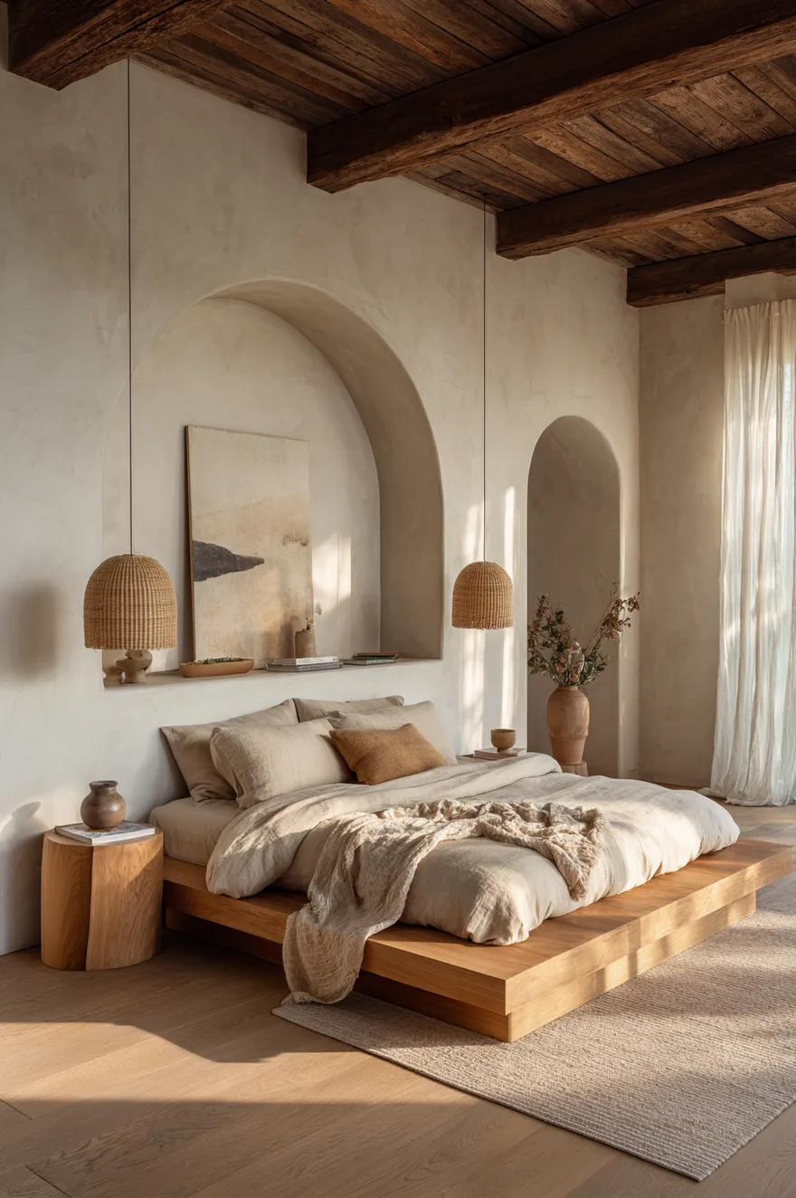 A minimalist bedroom with a warm wood platform bed and exposed wood ceiling beams. The walls feature a textured beige finish with arched alcoves, and the bed is dressed in neutral beige and tan linens under woven pendant lights.
