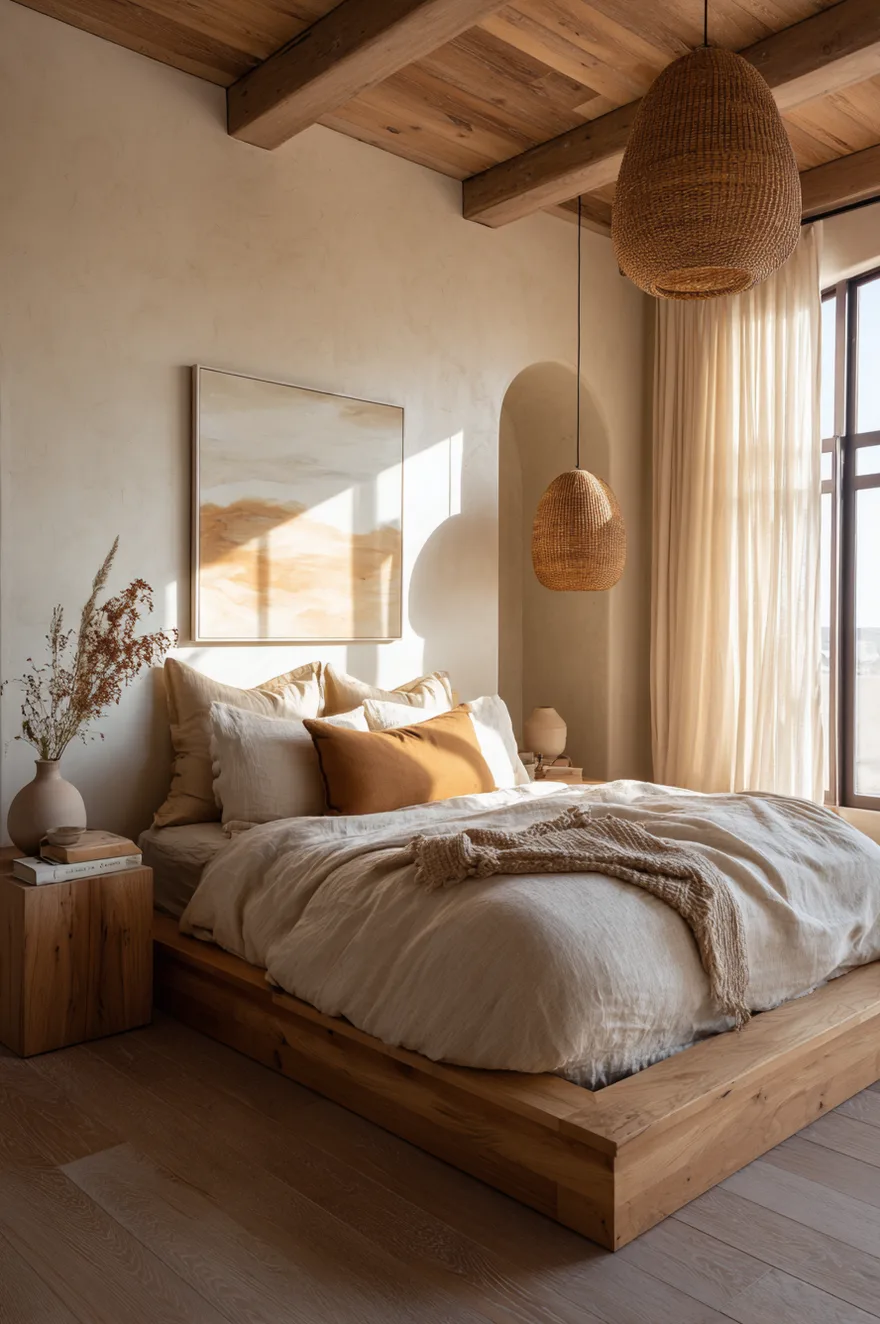 A sunlit minimalist bedroom featuring a low wood platform bed and rustic wood ceiling beams. The bed is layered with soft beige and cream linens, sitting beneath a woven rattan pendant light and a large abstract landscape painting.