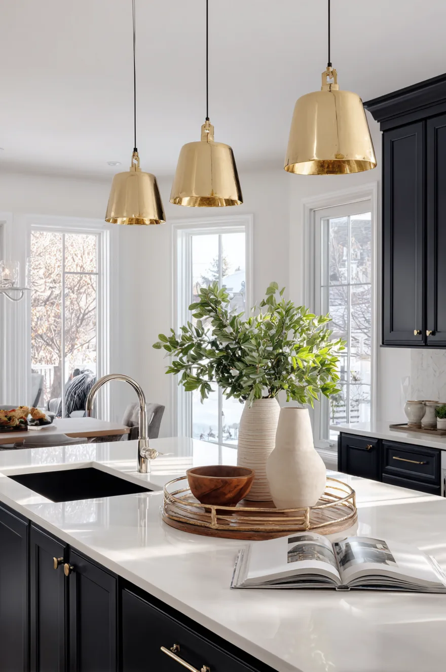 Gold kitchen pendant lights over island paired with a chrome faucet and black cabinets in a mixed metal kitchen.